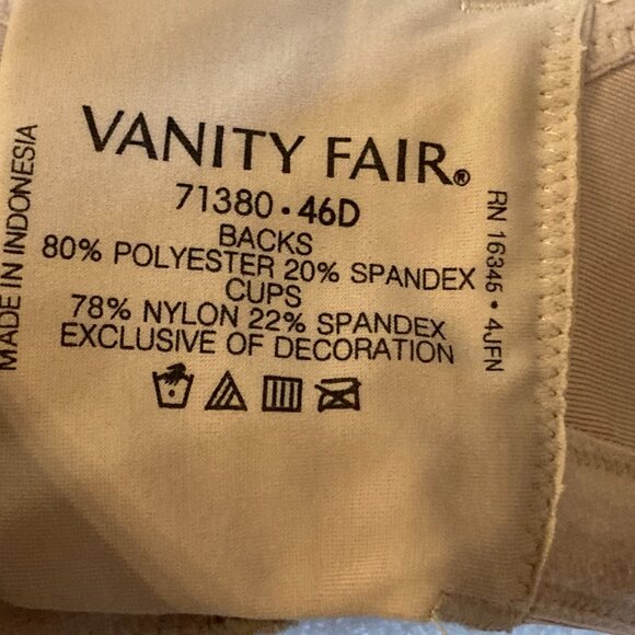 Vanity Fair Beige Beauty Back Smoother Full-Figure Wireless Bra - Size 46D - Picture 3 of 7